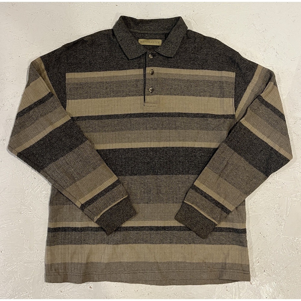 Naturalife Knit Sweater Polo Shirt Half‎ Button Striped Mens Medium Preppy